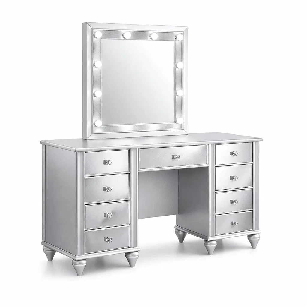 Coiffeuse en MDF argent avec miroir LED-Luxen Ooks Pace