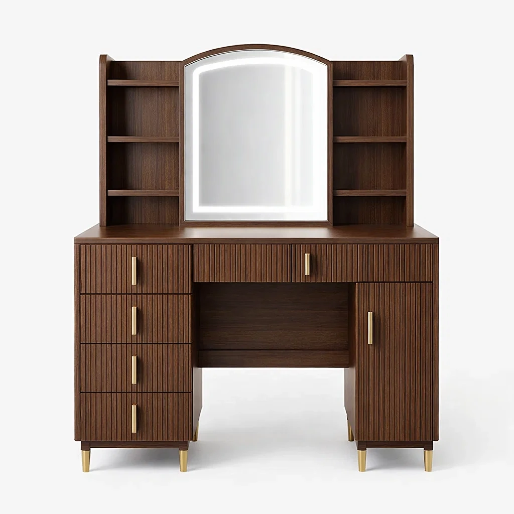 Coiffeuse en bois avec miroir LED et étagères-Luxen Ooks Pace