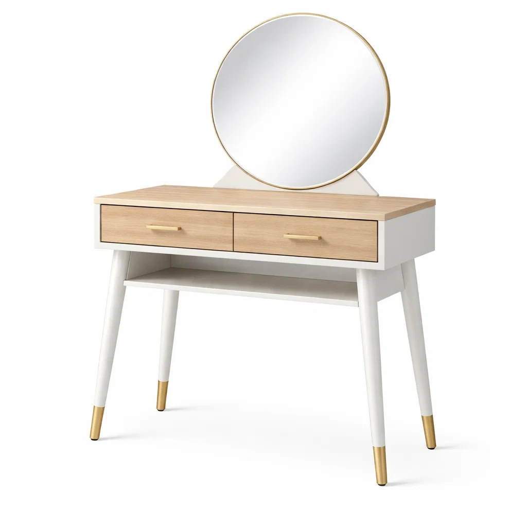 Coiffeuse en bois avec miroir en verre et tiroirs blanc et chêne-Luxen Ooks Pace