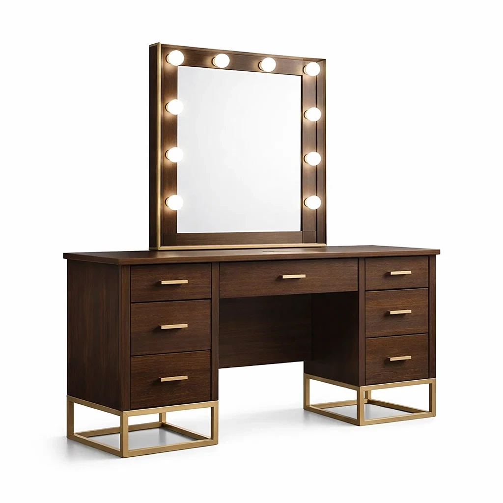 Coiffeuse en bois et métal chêne marron avec miroir LED-Luxen Ooks Pace