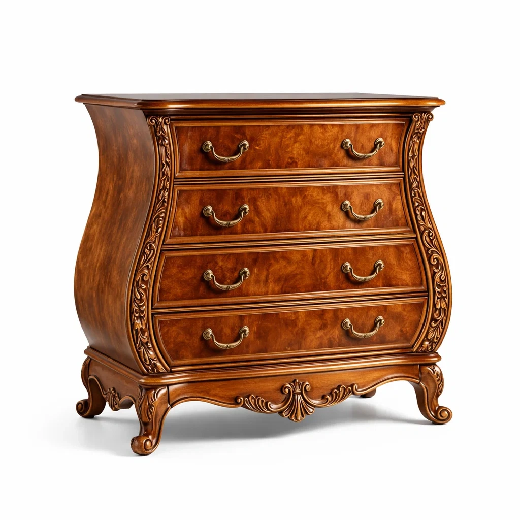 Commode en bois massif acajou avec 4 tiroirs sculptés-Luxen Ooks Pace