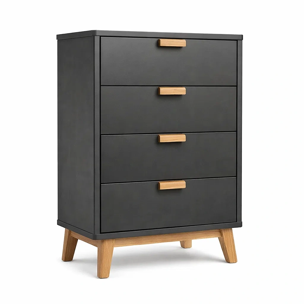 Commode 4 tiroirs en bois MDF noir avec pieds en chêne-Luxen Ooks Pace