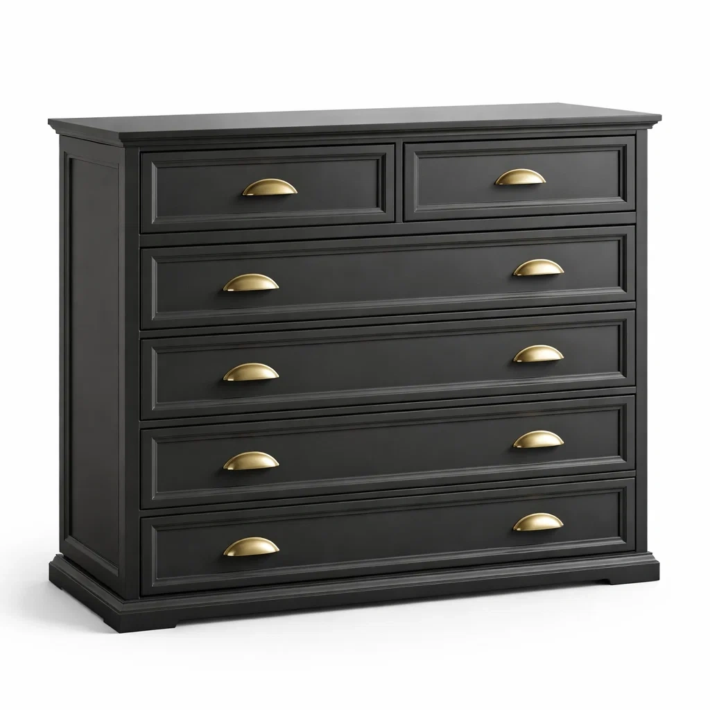 Commode en bois noir et doré avec 6 tiroirs et poignées en métal-Luxen Ooks Pace