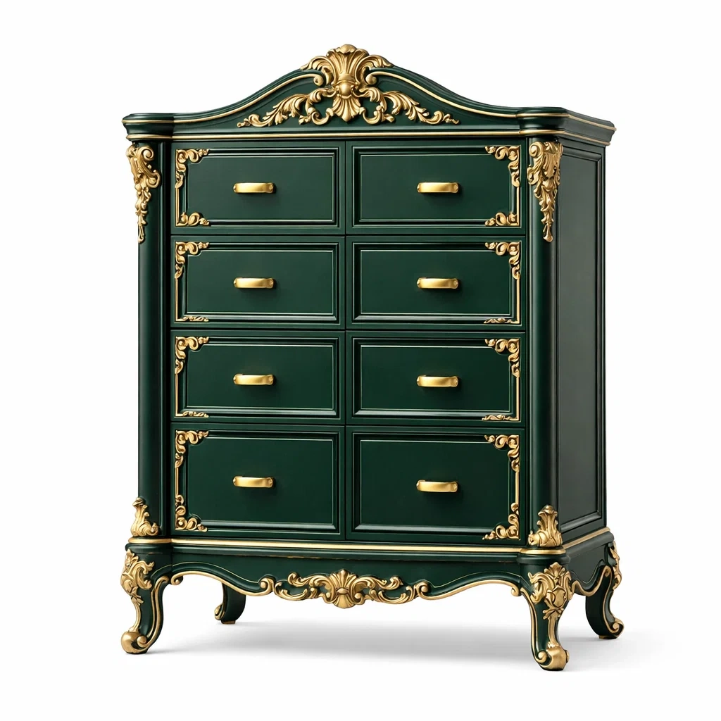 Commode en bois massif vert foncé avec 8 tiroirs et ornements dorés-Luxen Ooks Pace