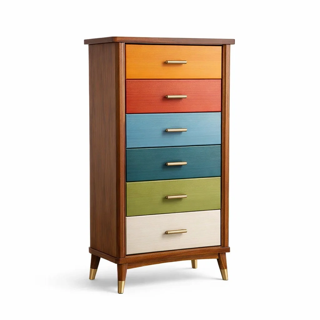 Commode en bois massif avec 6 tiroirs multicolores-Luxen Ooks Pace