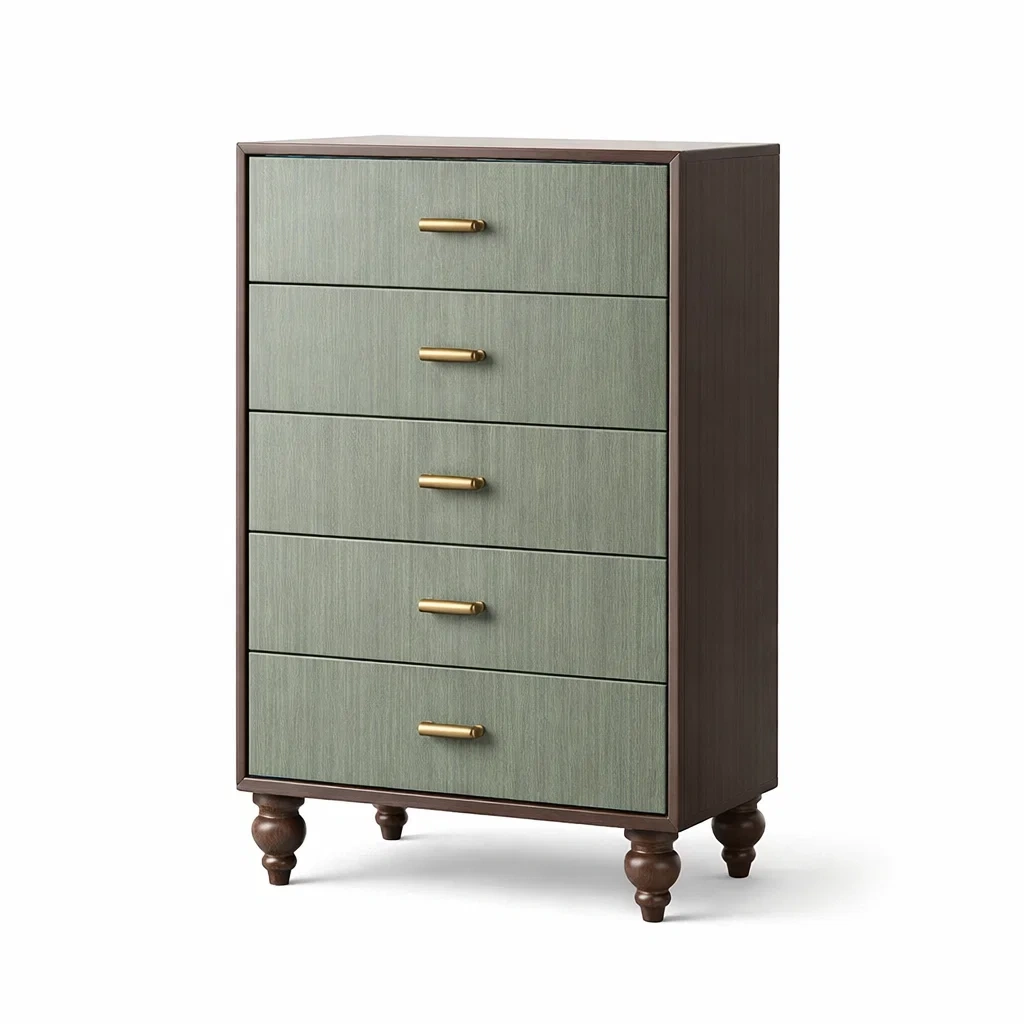 Commode en bois marron et vert avec 5 tiroirs et poignées dorées-Luxen Ooks Pace