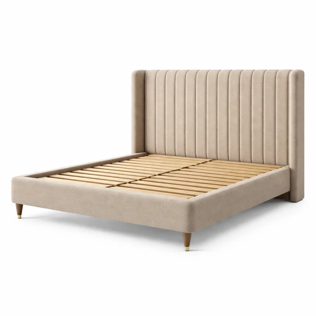 Lit double en bois et tissu beige-Luxen Ooks Pace