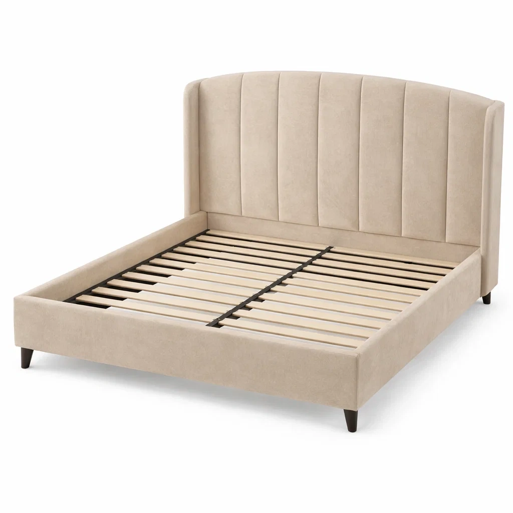 Lit double en tissu polyester beige avec sommier à lattes-Luxen Ooks Pace