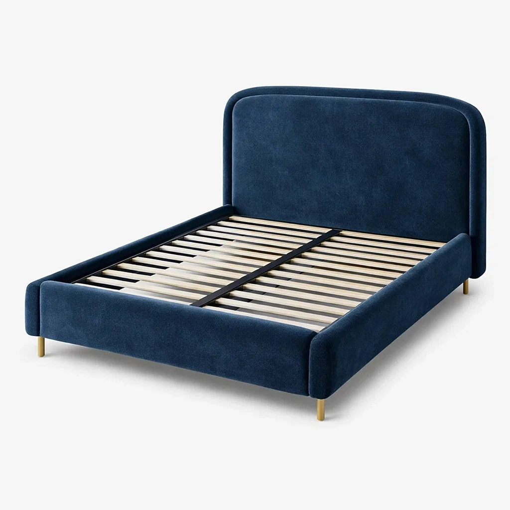 Lit double en velours bleu avec structure en bois massif et pieds en métal-Luxen Ooks Pace