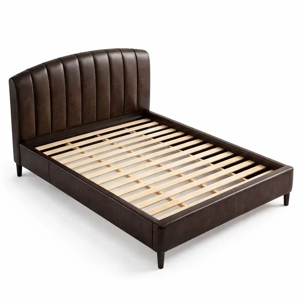 Lit double en cuir PU brun avec lattes en bois-Luxen Ooks Pace