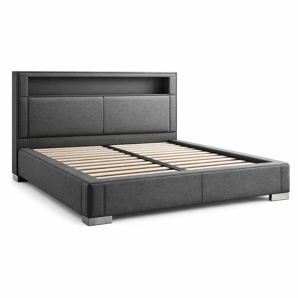 Lit en bois MDF et tissu gris avec tête de lit avec rangement-Luxen Ooks Pace