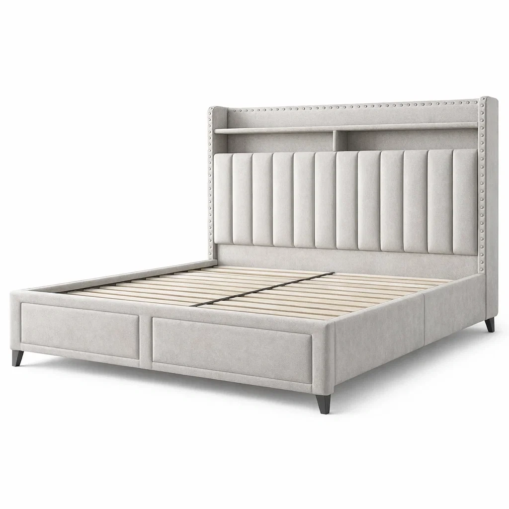 Lit double en bois et tissu polyester gris avec tête de lit de rangement-Luxen Ooks Pace
