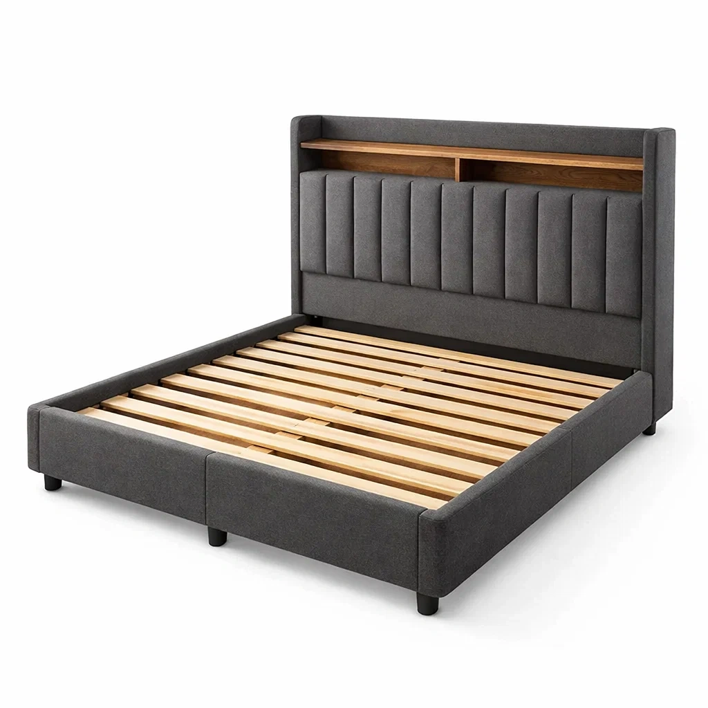 Lit en tissu polyester avec tête de lit en bois-Luxen Ooks Pace