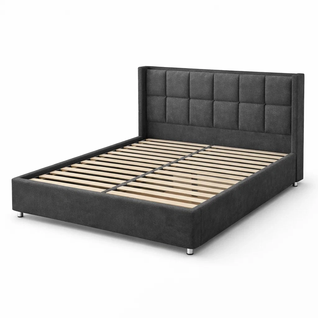 Lit double en bois et tissu polyester gris-Luxen Ooks Pace