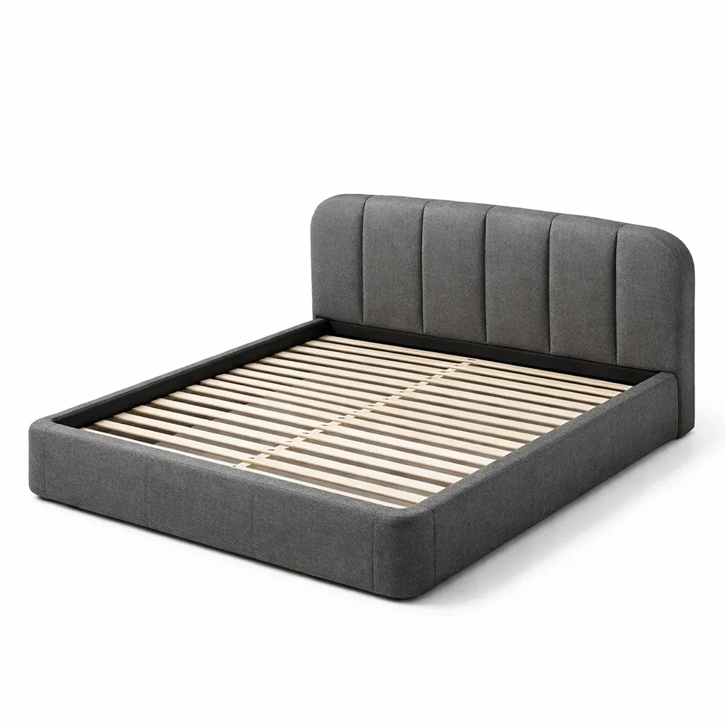 Lit double en tissu gris avec lattes en bois-Luxen Ooks Pace