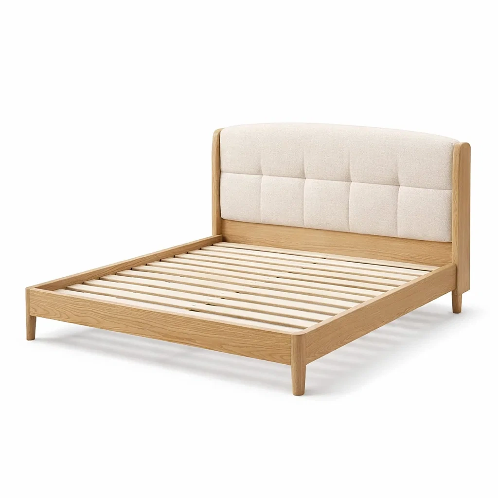Lit double en bois avec tête de lit rembourrée en tissu beige-Luxen Ooks Pace