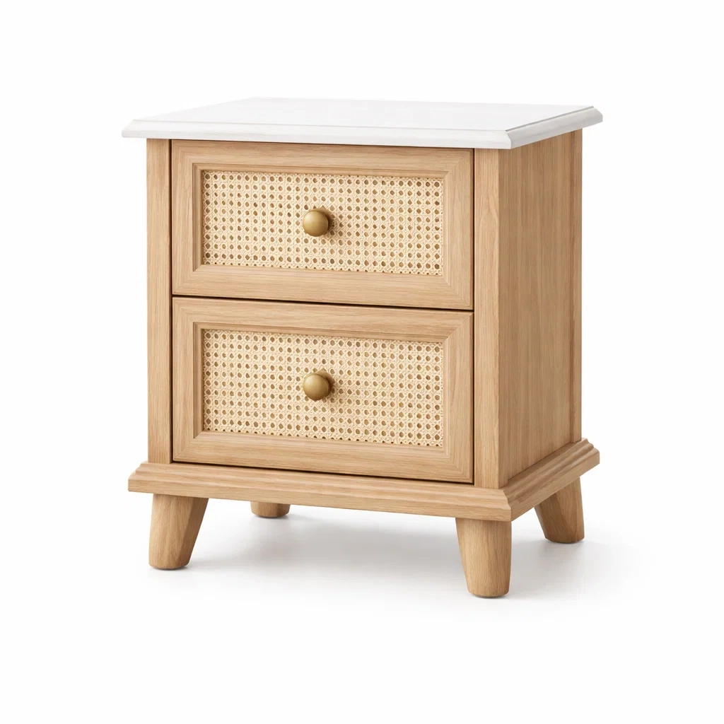 Table de chevet en bois avec tiroirs en rotin et plateau en marbre 45 x 37 x 58 cm-Luxen Ooks Pace