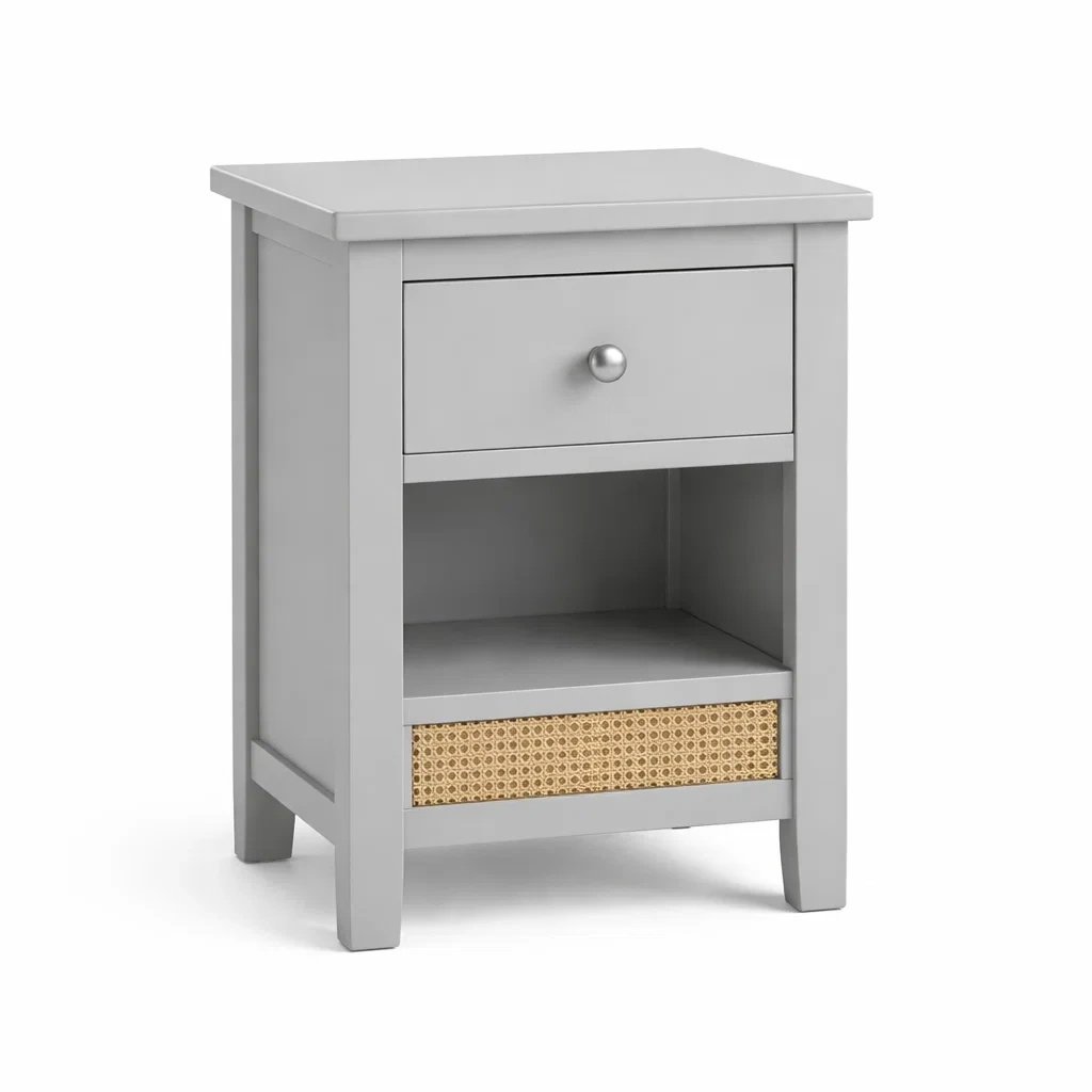 Table de chevet en bois MDF gris avec tiroir en rotin-Luxen Ooks Pace
