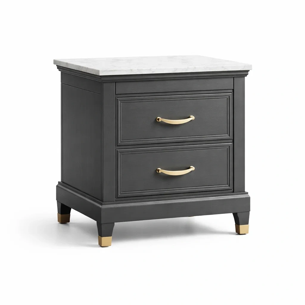 Table de chevet en bois avec deux tiroirs et plateau en marbre-Luxen Ooks Pace