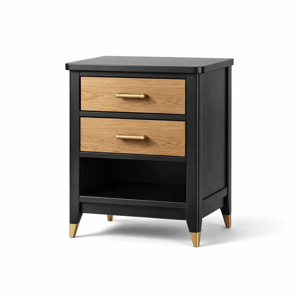 Table de chevet en bois noir et chêne avec tiroirs en placage de chêne et poignées métalliques-Luxen Ooks Pace