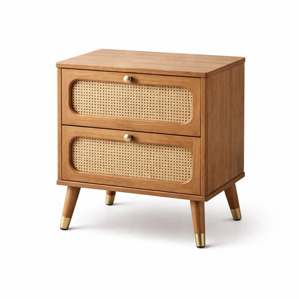 Table de chevet en bois avec cannage en rotin et 2 tiroirs-Luxen Ooks Pace