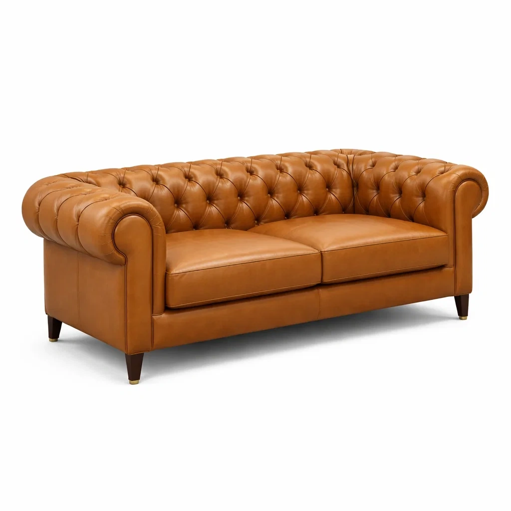 Canapé Chesterfield 3 places en cuir véritable marron-Luxen Ooks Pace
