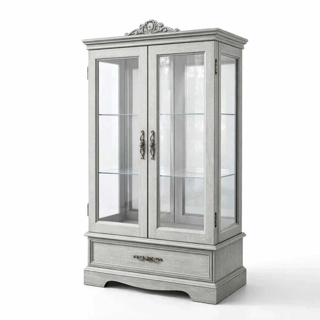 Vitrine en bois et verre trempé gris avec tiroir 200 x 100 x 40 cm-Luxen Ooks Pace
