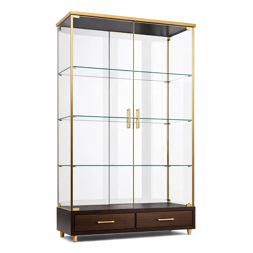 Vitrine en verre trempé avec cadre en métal doré et tiroirs en bois-Luxen Ooks Pace