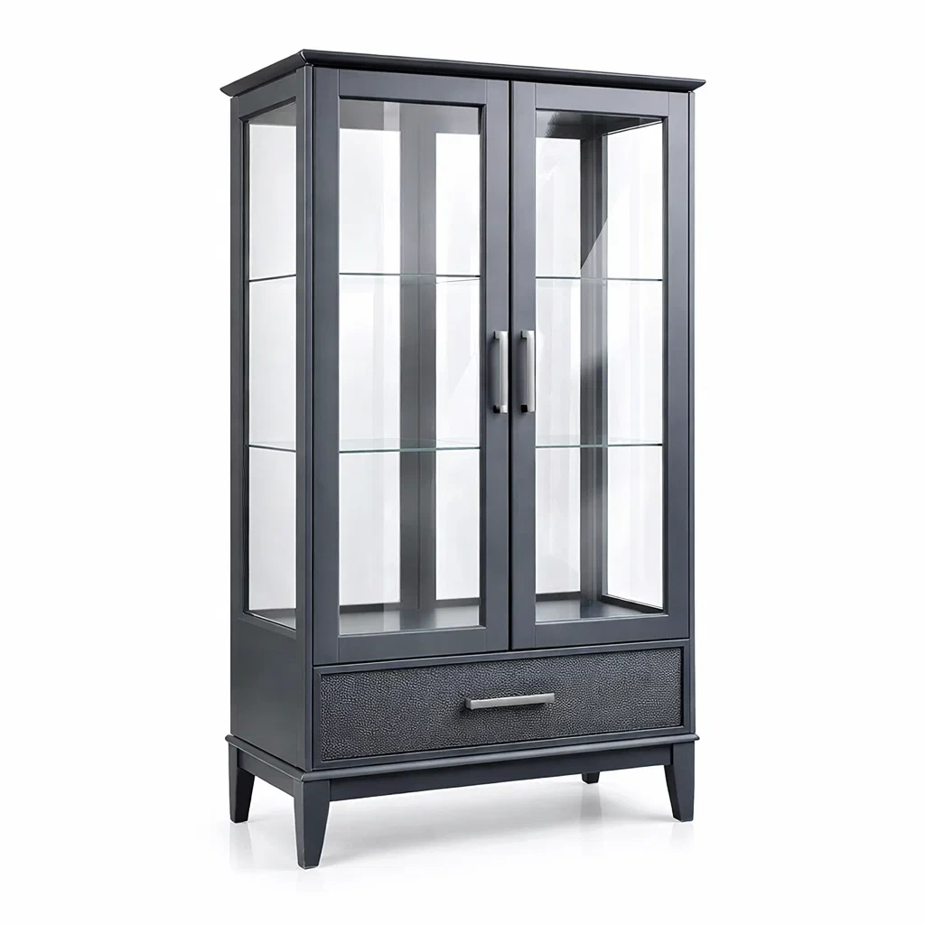 Vitrine en bois et verre trempé gris avec tiroir-Luxen Ooks Pace