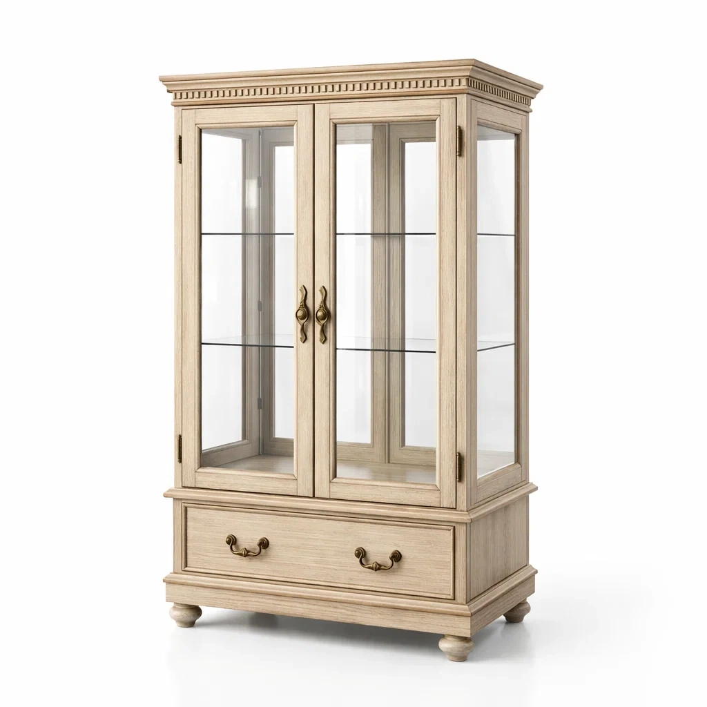 Vitrine en bois de chêne avec portes en verre trempé et tiroir-Luxen Ooks Pace