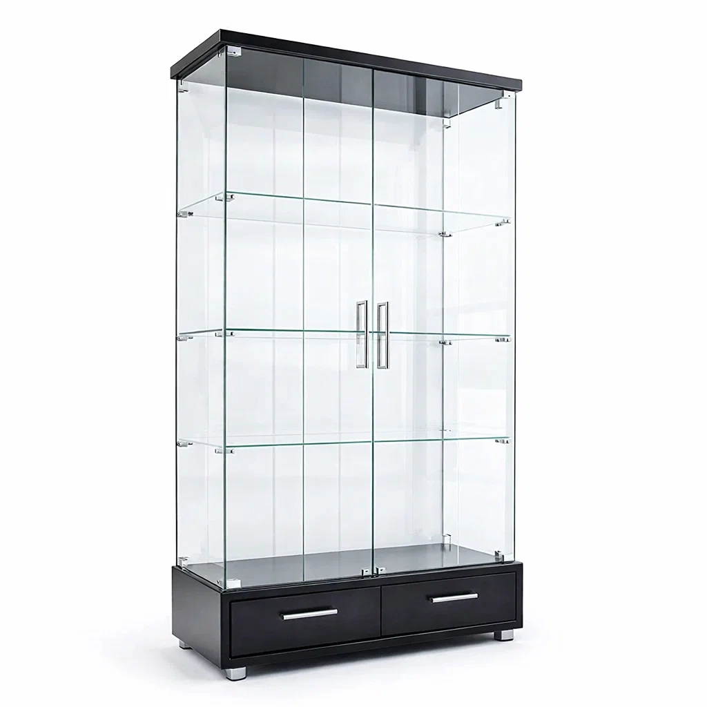 Vitrine en verre trempé avec cadre en bois composite noir-Luxen Ooks Pace