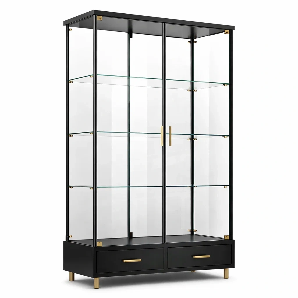Vitrine en verre avec cadre métallique noir et tiroirs-Luxen Ooks Pace