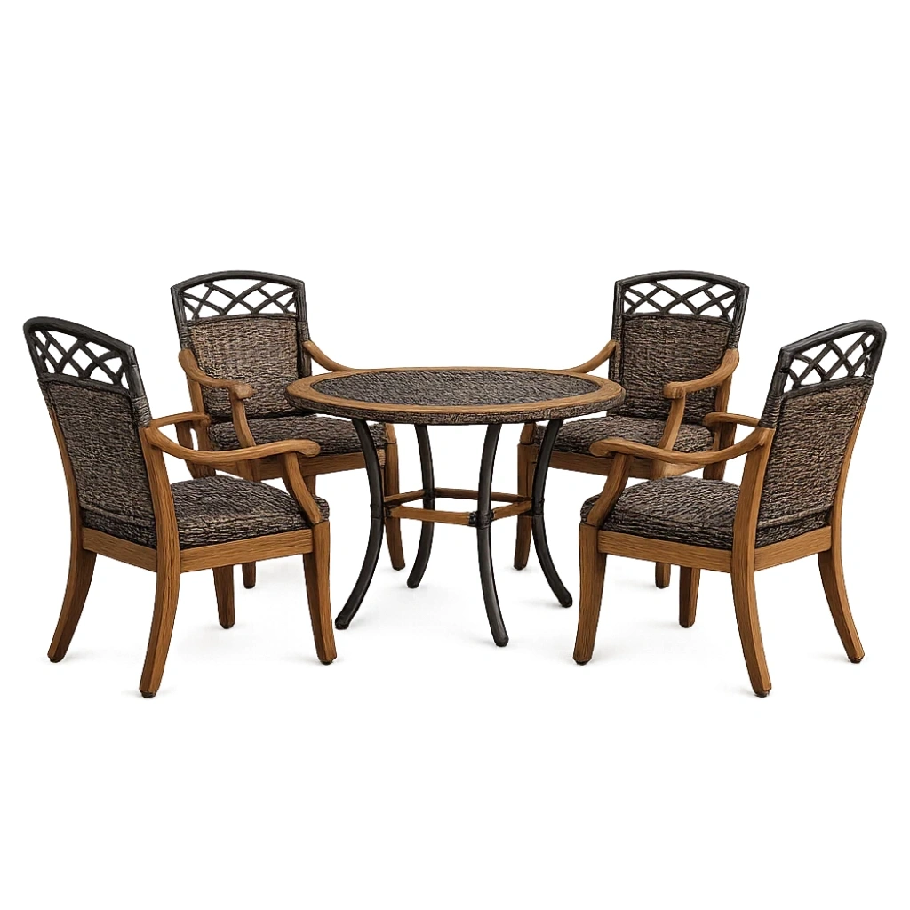 Ensemble table et chaises de terrasse table ronde en métal avec chaises en acacia et polyrotin 4 places-LUXERETREATHOME