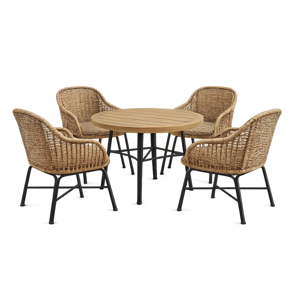 Ensemble table et chaises de terrasse table ronde en acacia métal et rotin marron noir-LUXERETREATHOME