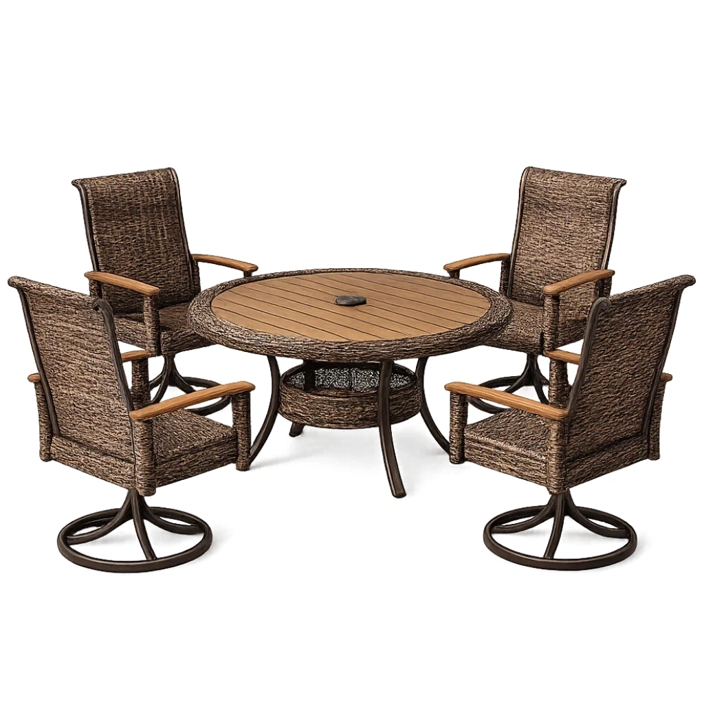 Ensemble table et chaises de terrasse en résine tressée et bois avec table ronde et 4 chaises pivotantes-LUXERETREATHOME
