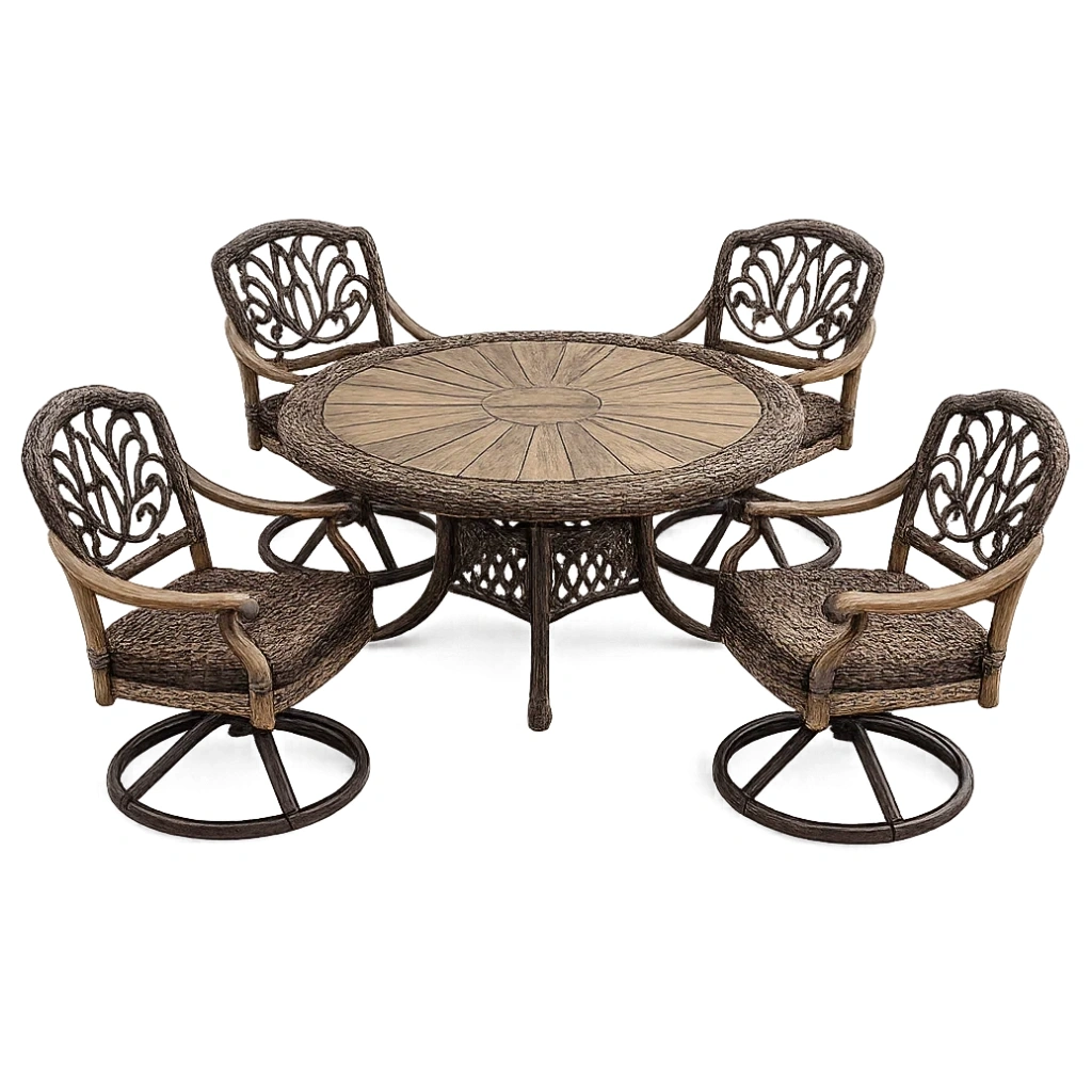 Ensemble table et chaises de terrasse rond en bois et osier 5 pièces marron-LUXERETREATHOME