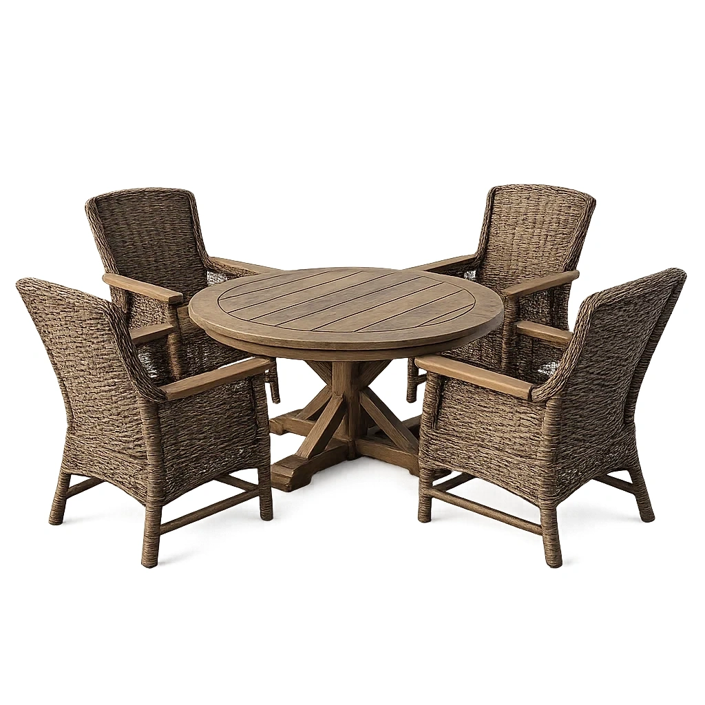 Ensemble table et chaises de terrasse table ronde en bois et résine tressée marron-LUXERETREATHOME