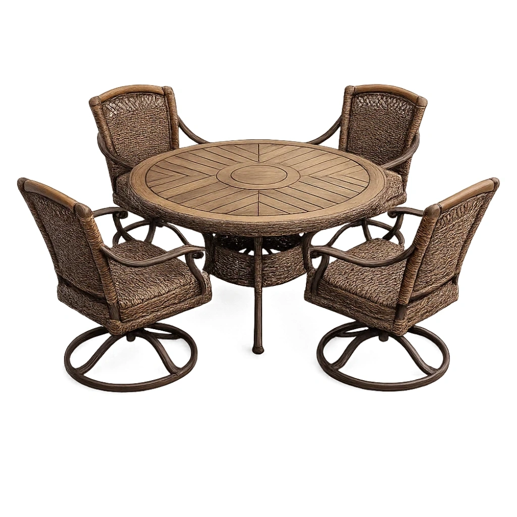 Ensemble table et chaises de terrasse table ronde en aluminium et rotin avec 4 fauteuils pivotants-LUXERETREATHOME