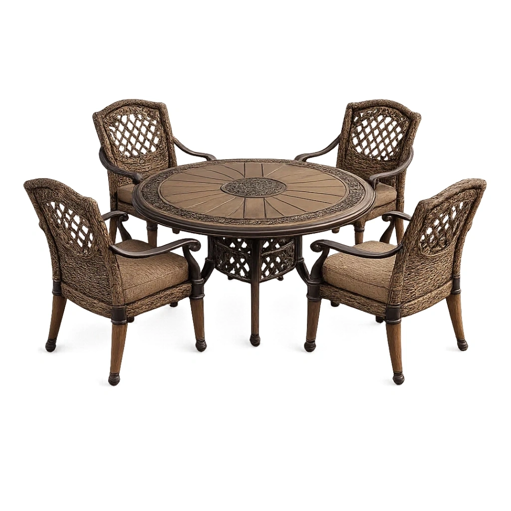 Ensemble table et chaises de terrasse table ronde en métal avec 4 chaises en résine tressée-LUXERETREATHOME