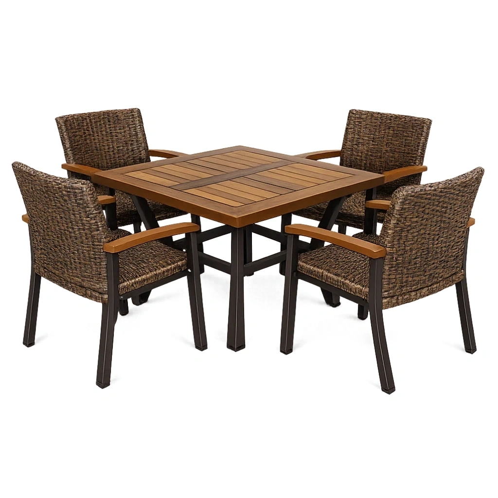 Ensemble table et chaises de terrasse en aluminium et résine tressée avec plateau en bois brun-LUXERETREATHOME