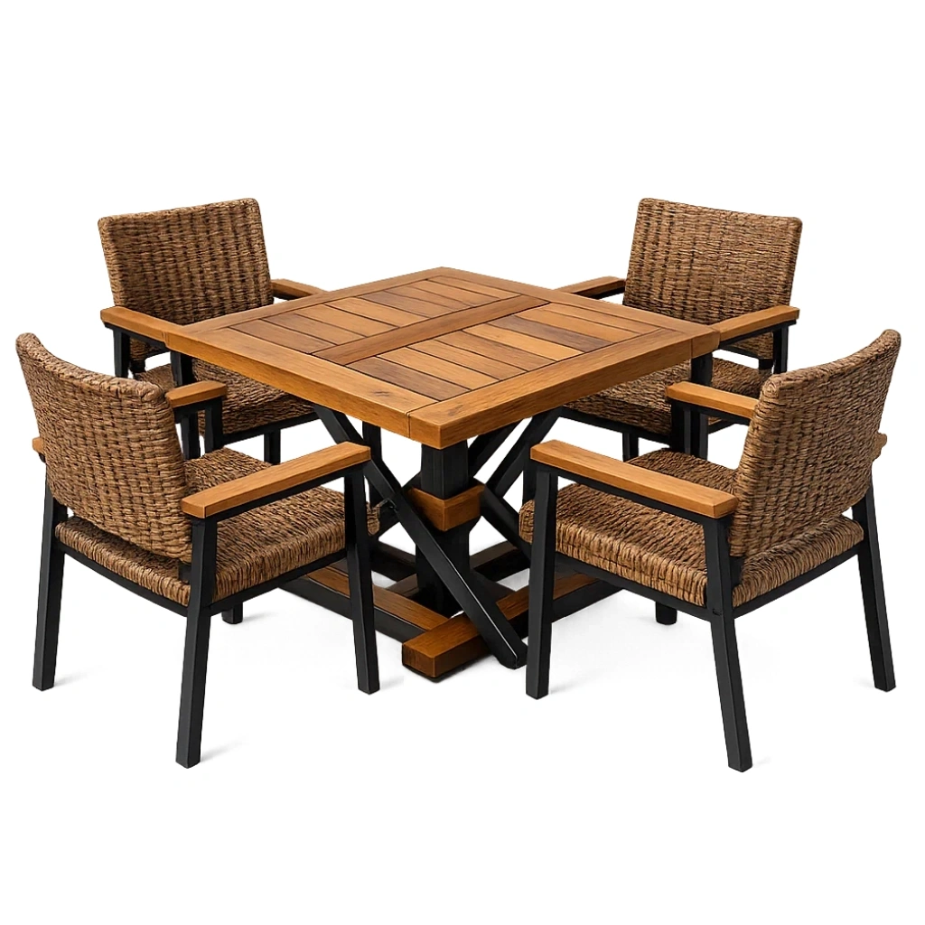 Ensemble table et chaises de terrasse en bois et métal avec 4 chaises en osier-LUXERETREATHOME