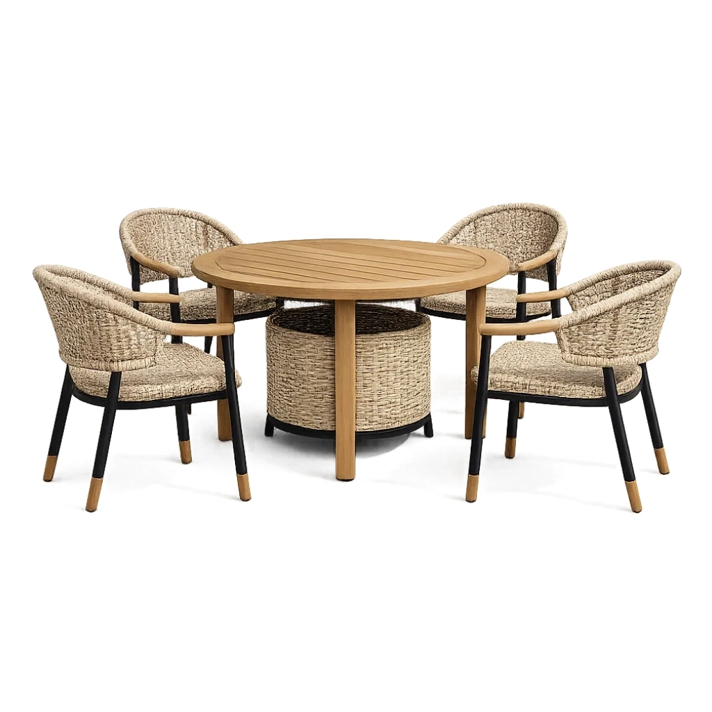 Ensemble table et chaises de terrasse en résine tressée et bois avec table ronde et 4 chaises-LUXERETREATHOME