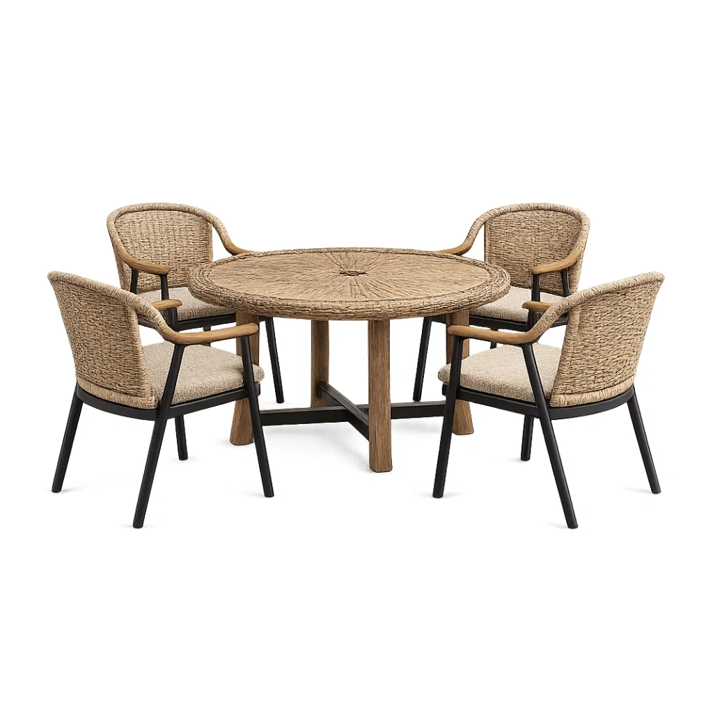 Ensemble table et chaises de terrasse table ronde en bois et métal-LUXERETREATHOME