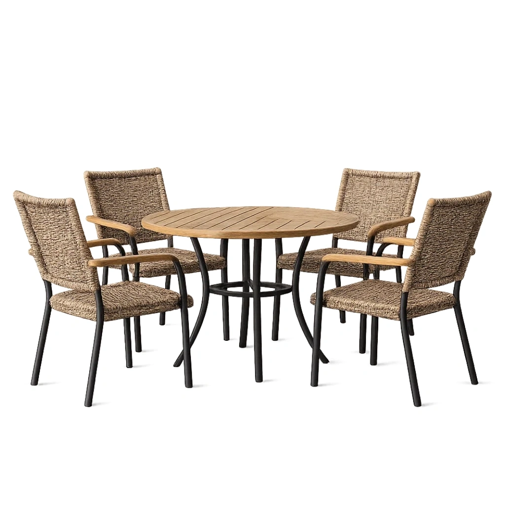 Ensemble table et chaises de terrasse en bois et rotin synthétique avec table ronde et 4 chaises-LUXERETREATHOME