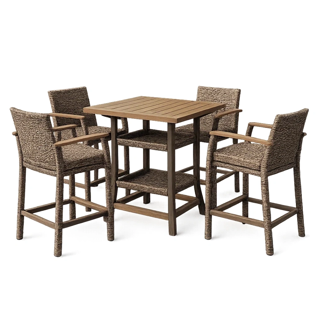 Ensemble table et chaises de terrasse de bar en bois et résine tressée 5 pièces marron clair-LUXERETREATHOME
