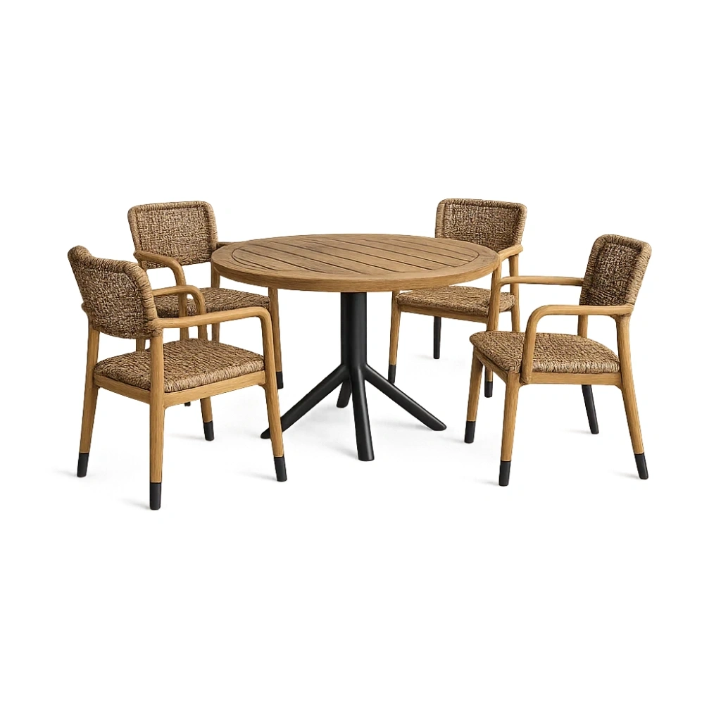 Ensemble table et chaises de terrasse table ronde en bois et rotin synthétique avec 4 chaises-LUXERETREATHOME