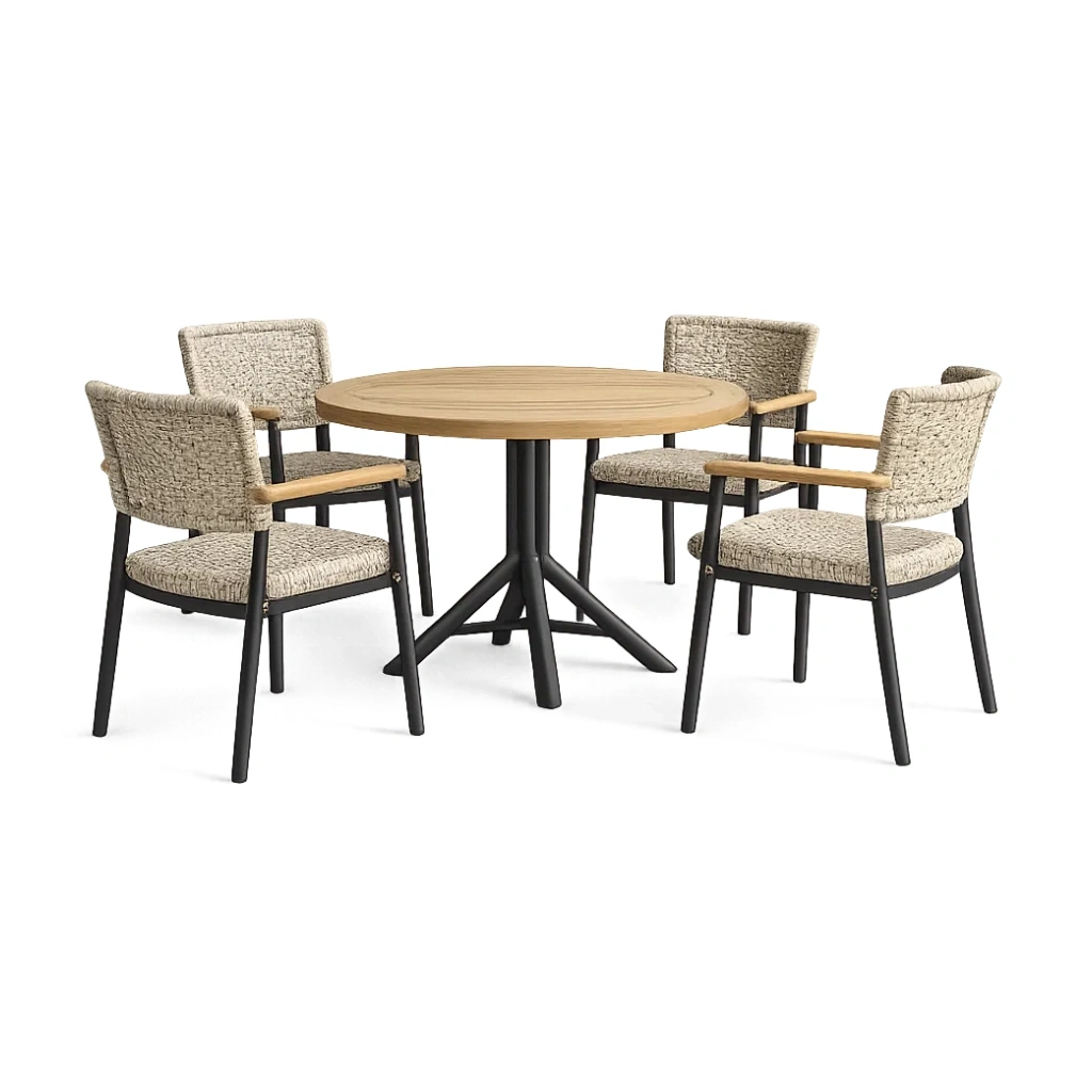 Ensemble table et chaises de terrasse table ronde en bois et métal avec 4 chaises en tissu-LUXERETREATHOME