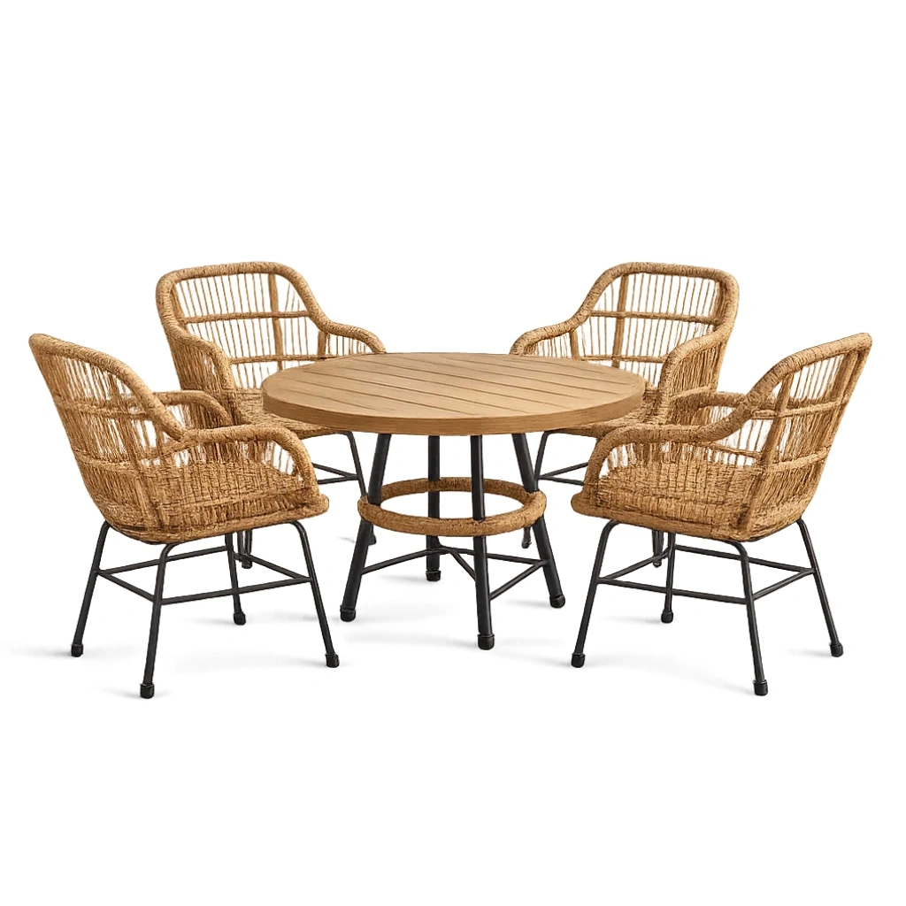 Ensemble table et chaises de terrasse en bois d'acacia et acier avec chaises en rotin synthétique-LUXERETREATHOME