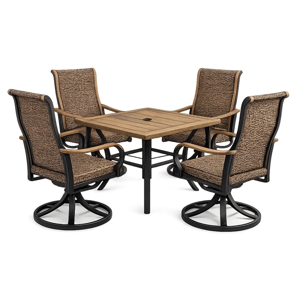 Ensemble table et chaises de terrasse en métal et bois avec table carrée et 4 chaises pivotantes-LUXERETREATHOME