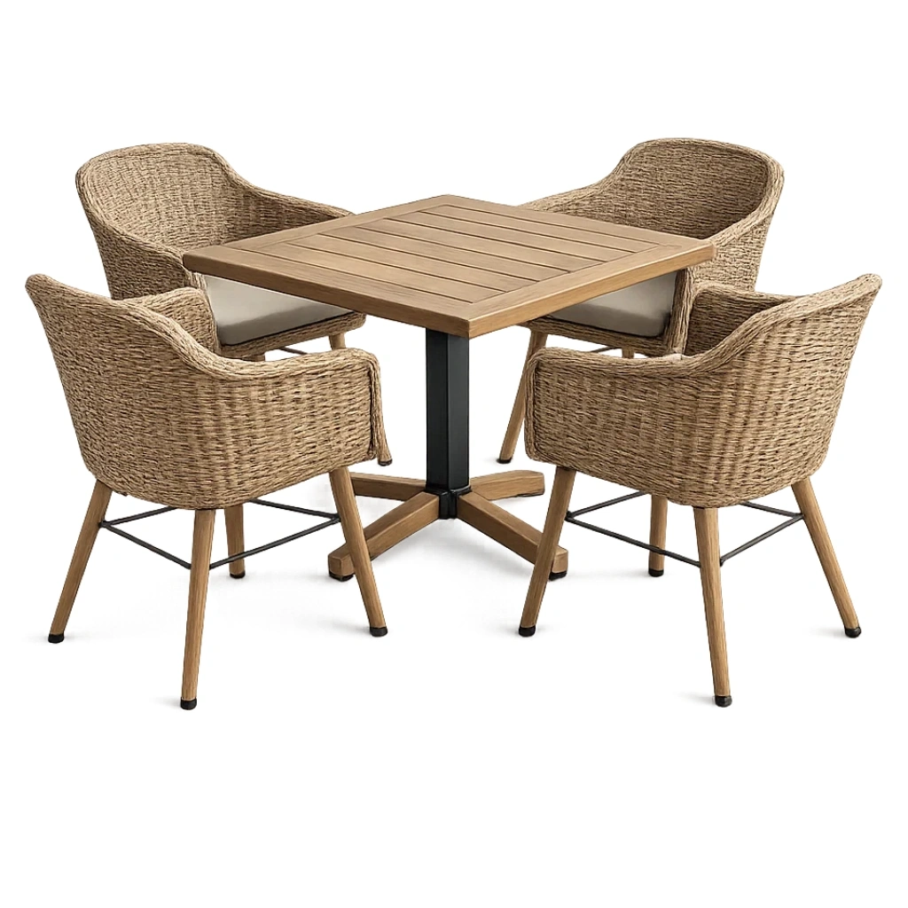 Ensemble table et chaises de terrasse en bois avec chaises en rotin synthétique-LUXERETREATHOME